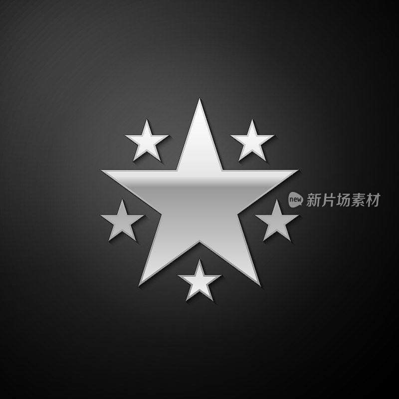 Silver Star icon isolated on black background. Favorite, Best Rating, Award symbol. Long shadow style. Vector